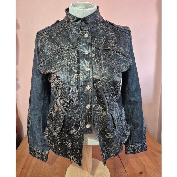 H&D Classic Leather Moto Jacket‎ leather and denim destressed look womens large - Picture 1 of 6